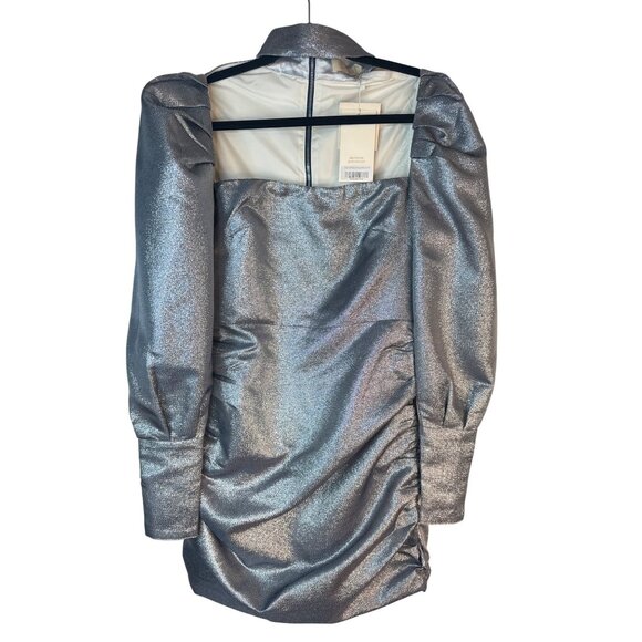 NWT Silver Choosy Dress Size 2 Long Puff Sleeve Ruched Mini Lined 100% Polyester - Picture 2 of 13
